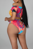 Red Yellow Fashion Sexy Print Hollowed Out Backless Strap Design Swimwears