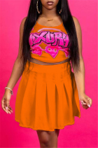Orange Sexy Casual Letter Print Vests U Neck Sleeveless Two Pieces