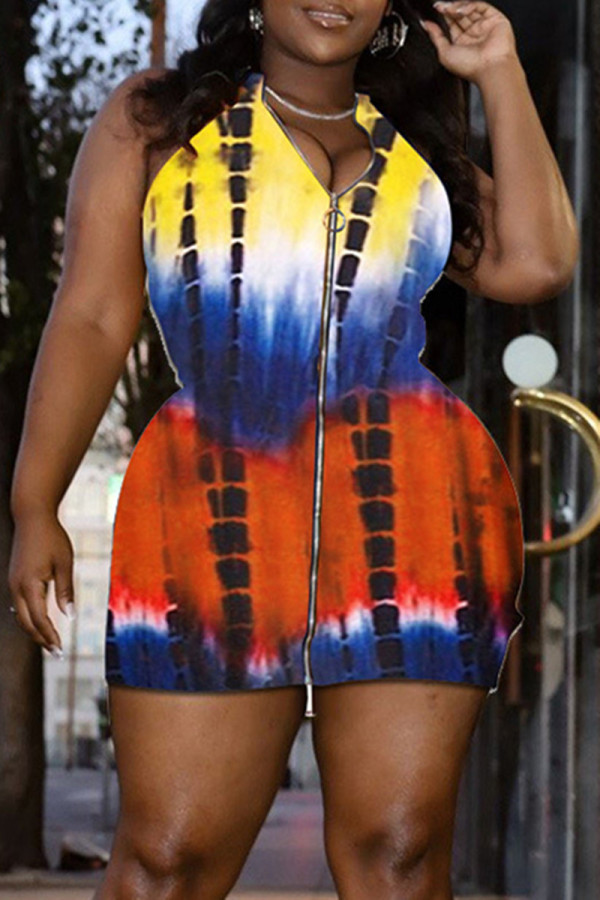 Orange Fashion Sexy Plus Size Tie Dye Printing Zipper Collar Sleeveless Dress
