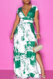 Green Fashion Casual Print Tie Dye Slit V Neck Short Sleeve Dress