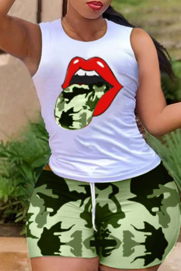 Army Green Fashion Casual Print Basic O Neck Sleeveless Two Pieces