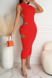 Red Sexy Solid Hollowed Out Backless O Neck A Line Dresses