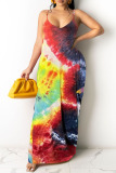 Rainbow color Casual Off The Shoulder Sleeveless Slip Swagger Floor-Length Print Patchwork