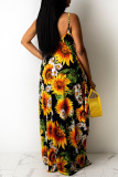 Black Yellow Casual Off The Shoulder Sleeveless Slip Swagger Floor-Length Print Patchwork