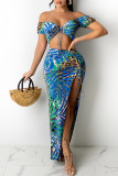 Green Fashion Sexy Print Backless Slit Off the Shoulder Short Sleeve Two Pieces