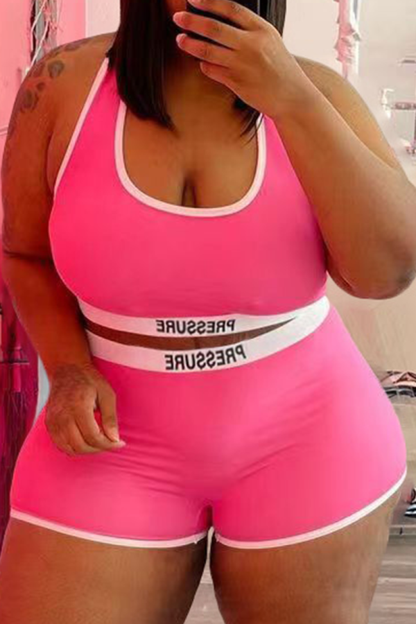 Pink Sexy Print Split Joint U Neck Plus Size Swimwear