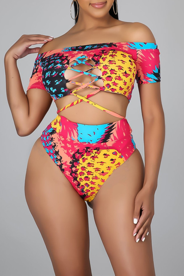 Red Yellow Fashion Sexy Print Hollowed Out Backless Strap Design Swimwears