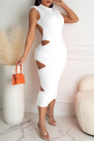 White Sexy Solid Hollowed Out Backless O Neck A Line Dresses