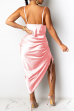 Pink Sexy Solid Split Joint Spaghetti Strap Irregular Dress Dresses