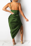 Ink Green Sexy Solid Split Joint Spaghetti Strap Irregular Dress Dresses