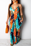 Apricot Sexy Fashion Casual Spaghetti Strap Sleeveless Slip A-Line Floor-Length Patchwork Print as
