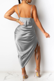Grey Sexy Solid Split Joint Spaghetti Strap Irregular Dress Dresses