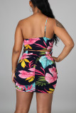 Black Fashion Sexy Print Backless Strap Design One Shoulder Sleeveless Two Pieces