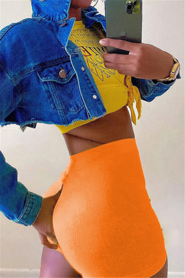 Orange Casual Sportswear Solid Basic Skinny High Waist Shorts