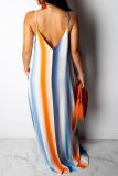 Orange Sexy Fashion Casual Spaghetti Strap Sleeveless Slip A-Line Floor-Length Patchwork Print as