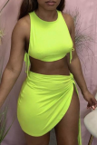 Fluorescent Green Sexy Solid Patchwork U Neck Sleeveless Two Pieces