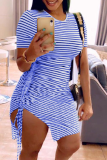 Red Casual Striped Split Joint O Neck Pencil Skirt Dresses