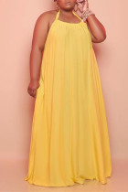 Yellow Sexy Casual Plus Size Solid Backless Halter Sleeveless Dress