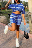 Deep Blue Fashion Casual Print Basic O Neck Short Sleeve Two Pieces