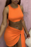Tangerine Red Sexy Solid Patchwork U Neck Sleeveless Two Pieces