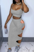 Grey Sexy Solid Ripped Backless Burn-out Spaghetti Strap Sleeveless Two Pieces