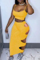 Yellow Sexy Solid Ripped Backless Burn-out Spaghetti Strap Sleeveless Two Pieces