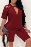 Red Casual Solid Patchwork O Neck Short Sleeve Two Pieces