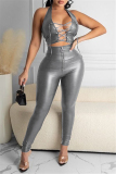 Silver Gray Fashion Sexy Solid Hollowed Out Backless Halter Sleeveless Two Pieces