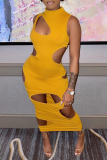 Yellow Sexy Solid Hollowed Out Pencil Skirt Dresses