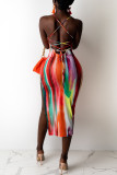 Colour Fashion Sexy Print Backless Slit Spaghetti Strap Sleeveless Dress