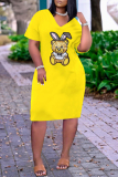 Yellow Fashion Casual Character Basic V Neck Loose Dress