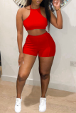 Red Sexy Solid Hollowed Out Halter Sleeveless Two Pieces