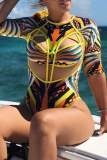 Multicolor Totem Print Hollowed-out One-piece Swimwears