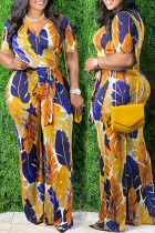 Yellow Casual Print With Belt V Neck Plus Size Jumpsuits