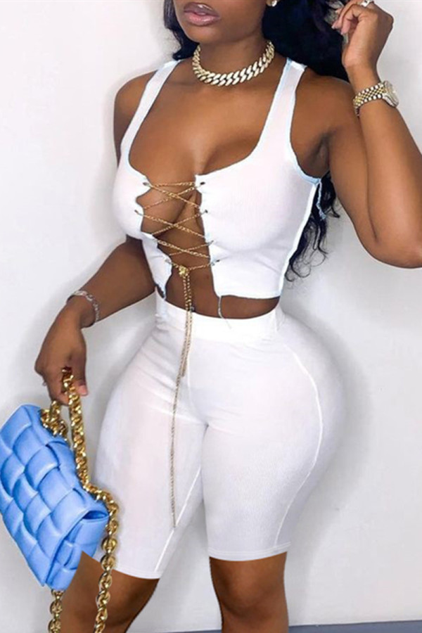 White Fashion Sexy Solid Hollowed Out Chains U Neck Sleeveless Two Pieces