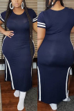 Navy Blue Fashion Casual Stitching Short-sleeved Dress