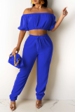 Blue Casual Solid Patchwork Off the Shoulder Short Sleeve Two Pieces