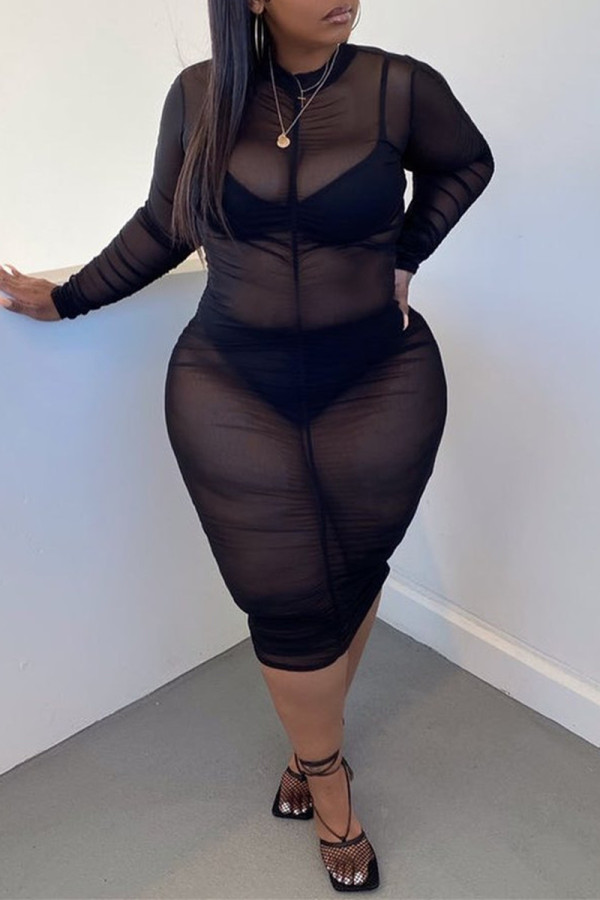 Black Fashion Sexy Plus Size Solid See-through O Neck Long Sleeve Dress