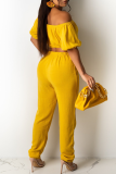 Yellow Casual Solid Patchwork Off the Shoulder Short Sleeve Two Pieces