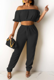 Black Casual Solid Patchwork Off the Shoulder Short Sleeve Two Pieces