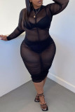 Black Fashion Sexy Plus Size Solid See-through O Neck Long Sleeve Dress