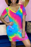 Multicolor Fashion Casual Tie Dye Printing V Neck Short Sleeve Dress Dresses