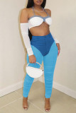 Blue Sexy Casual Patchwork See-through Skinny High Waist Pencil Trousers