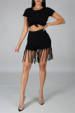 Black Fashion Casual Solid Tassel O Neck Short Sleeve Two Pieces
