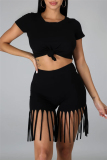 Black Fashion Casual Solid Tassel O Neck Short Sleeve Two Pieces