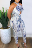 Blue Fashion Sexy Print Backless Halter Skinny Jumpsuits