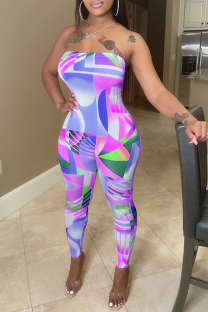 Purple Sexy Print Patchwork Strapless Skinny Jumpsuits