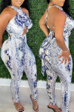 Blue Fashion Sexy Print Backless Halter Skinny Jumpsuits