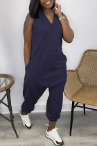 Navy Blue Casual Solid Patchwork V Neck Straight Jumpsuits