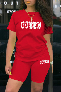 Red Casual Letter Patchwork O Neck Short Sleeve Two Pieces